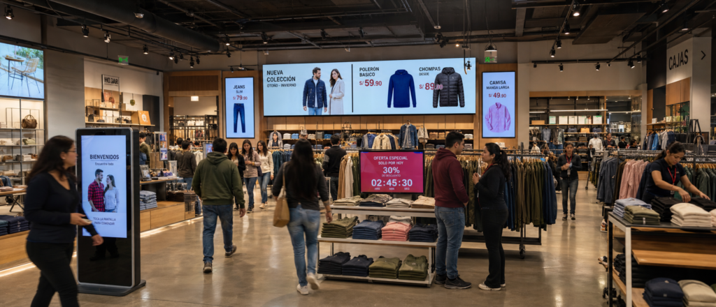 pantallas de cartelería digital en local comercial de Lima Perú