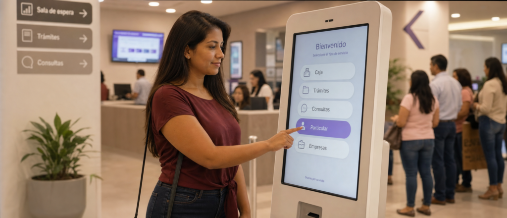 Persona interactuando con un tótem digital en la recepción de un establecimiento de salud en Lima