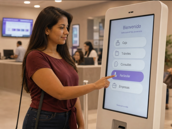 Persona interactuando con un tótem digital en la recepción de un establecimiento de salud en Lima