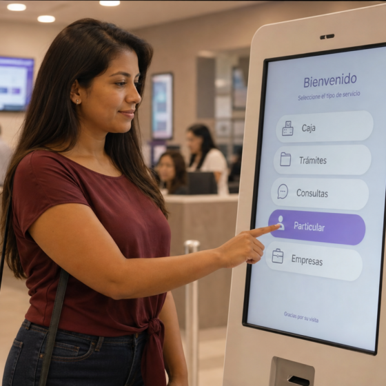 Persona interactuando con un tótem digital en la recepción de un establecimiento de salud en Lima