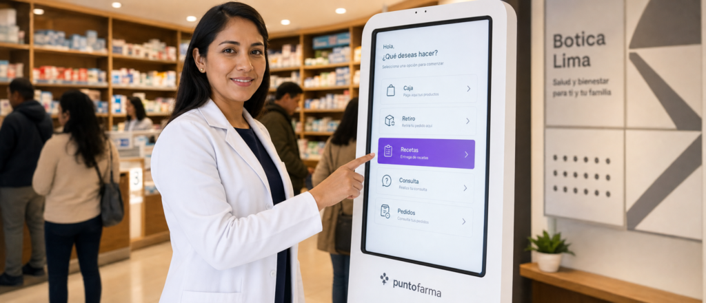 Persona interactuando con un tótem digital en la recepción de un establecimiento de salud en Lima